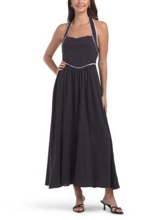White Closet Dresses & Skirts - NWT - White Closet Linen Blend Navy Contrast Trim Halter Midi Dress - Size 14